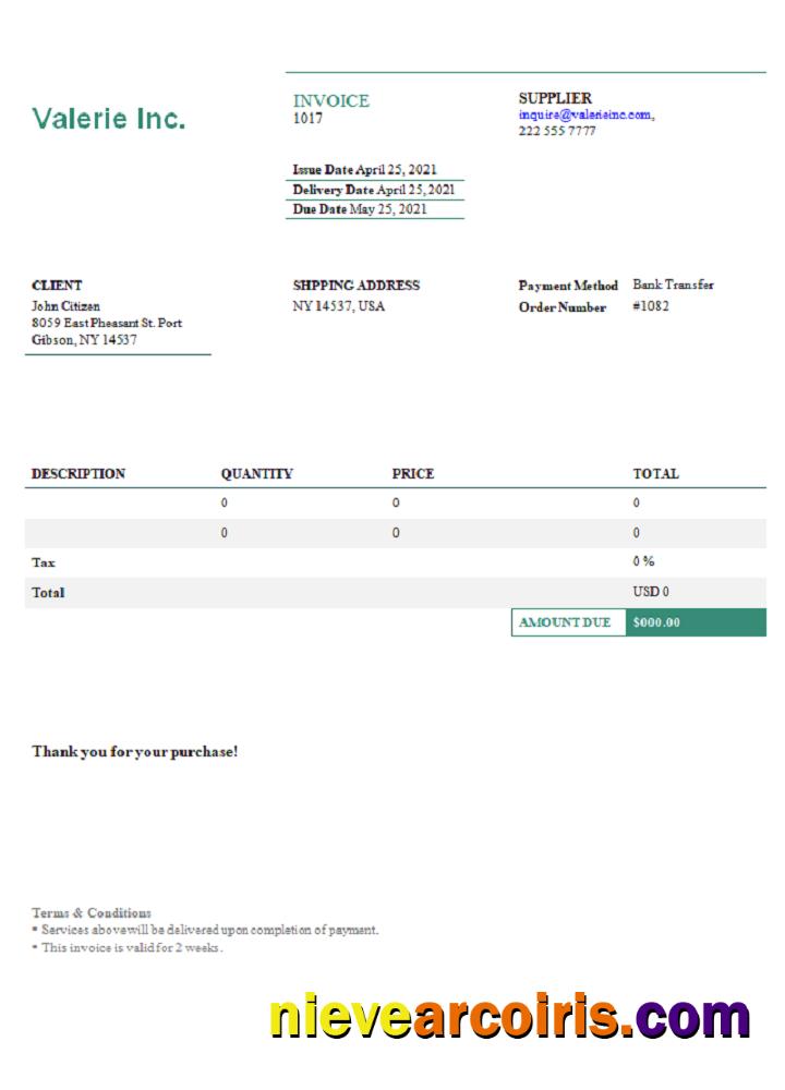 USA Valerie Inc. invoice